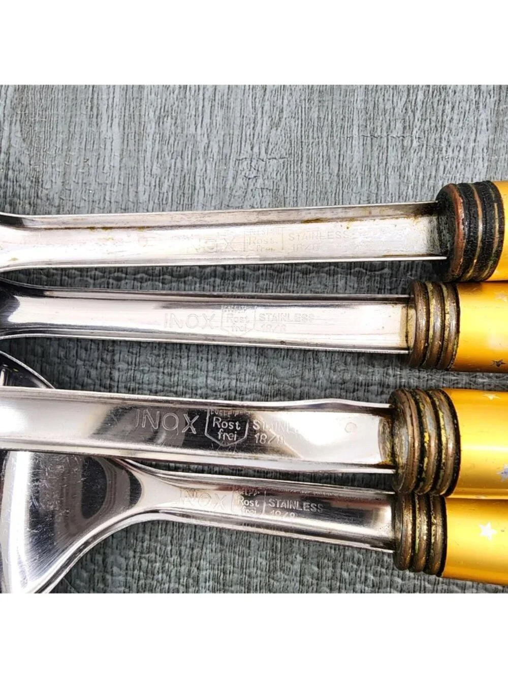 Vintage INOX Rostfrei 5 Piece Set Serving Utensils Stainless Gold Stars Handle
